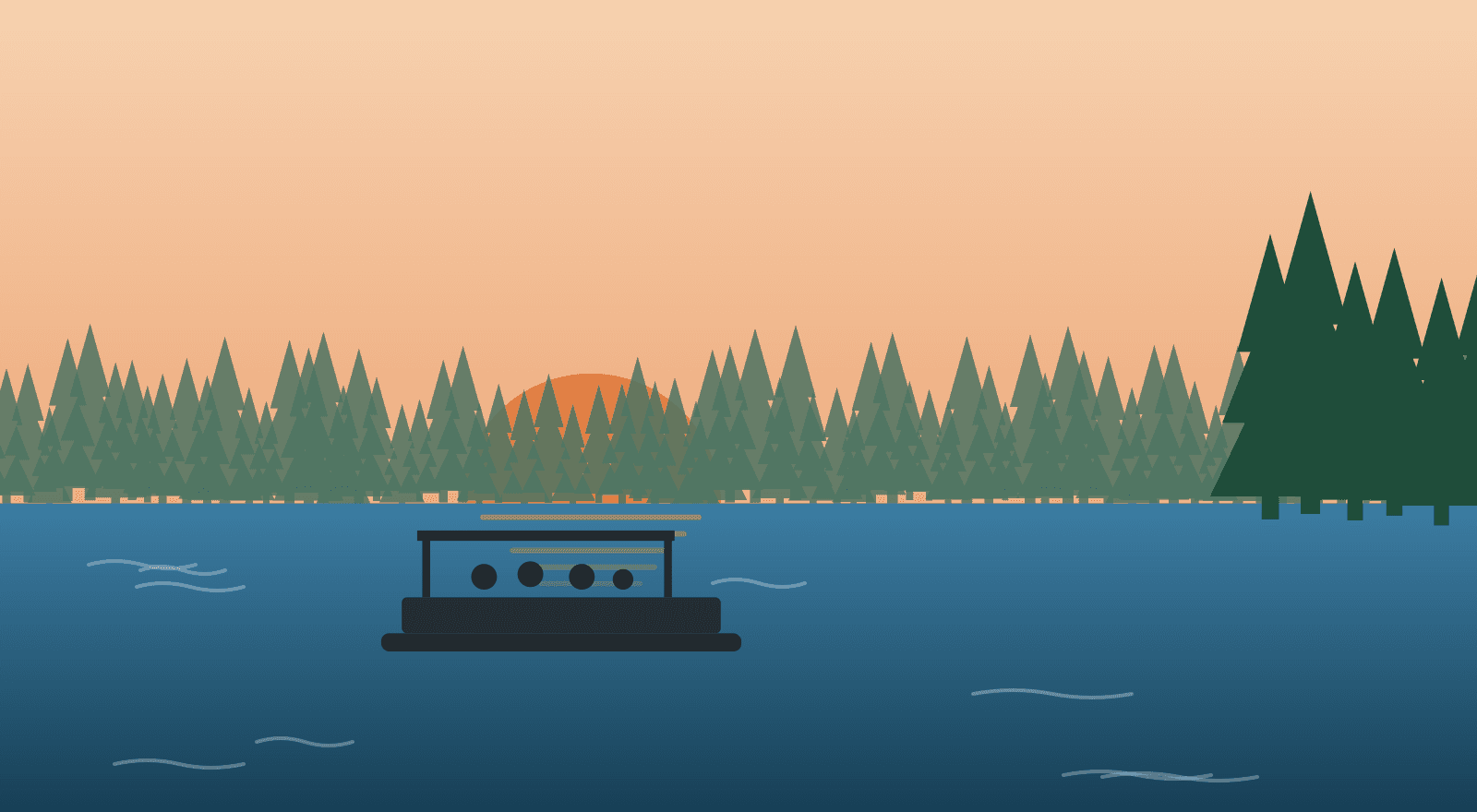 Illustrated Lake Conroe shoreline with pines and open water.